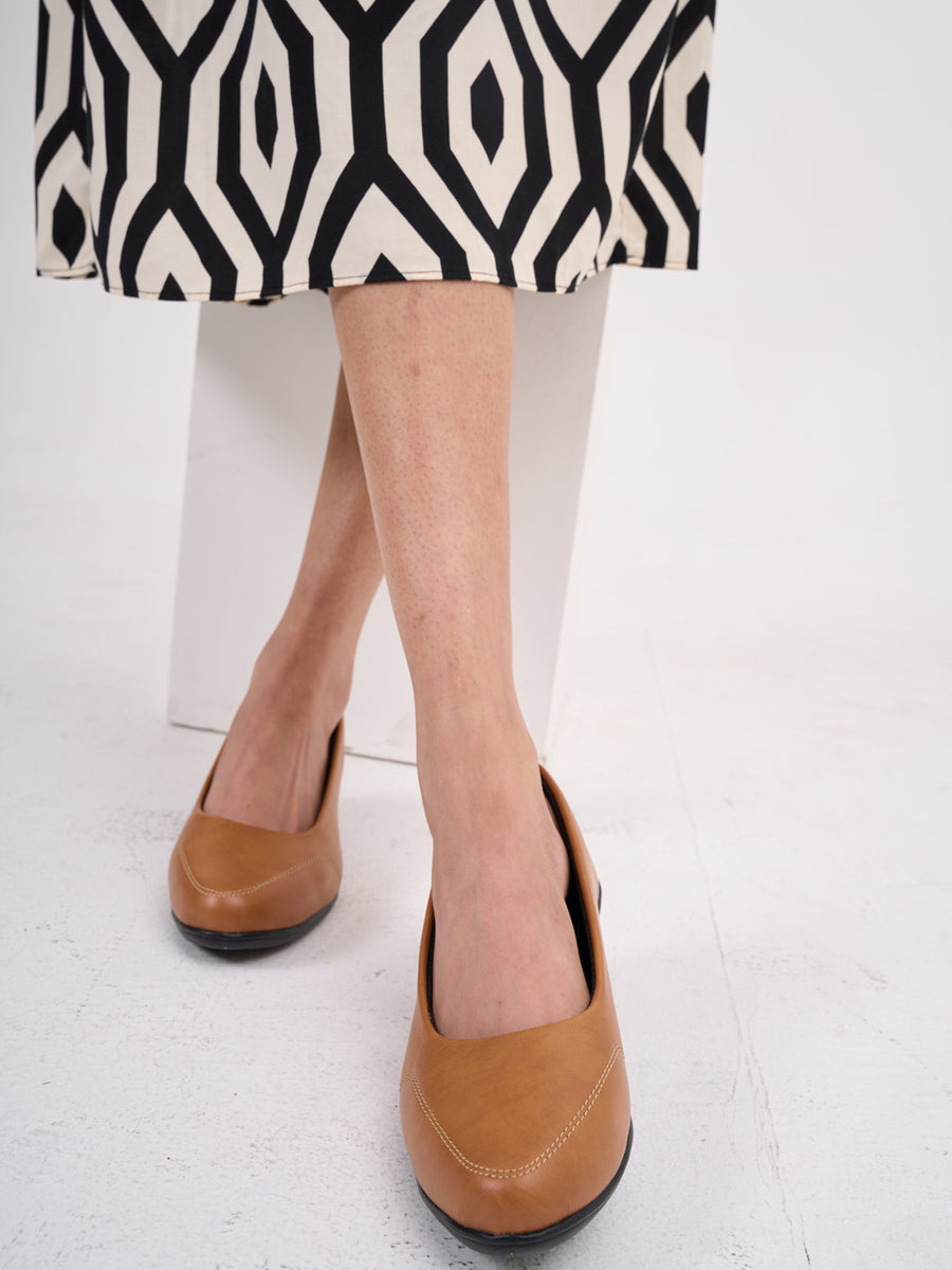 Women Tan Formal Platform Wedge Heel Slip On Ballerina Shoes