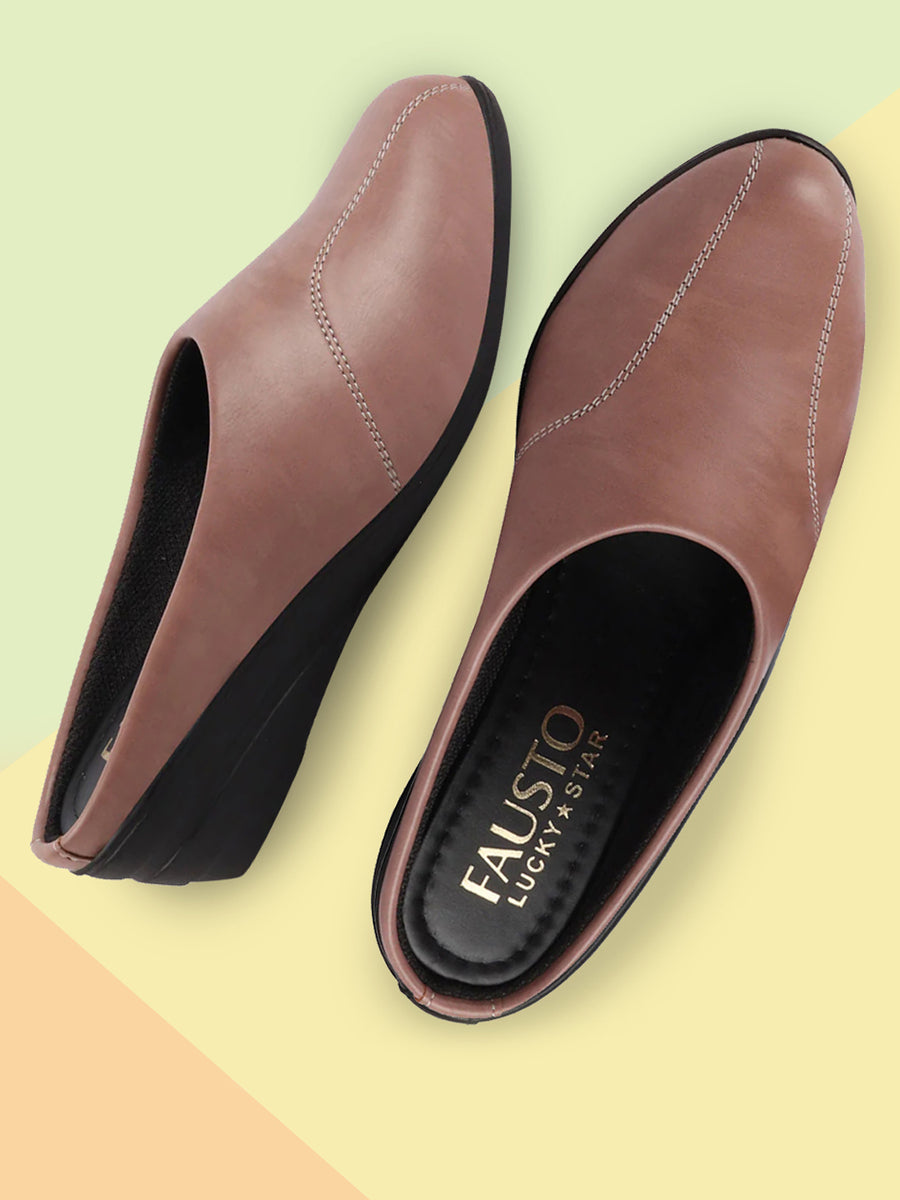 Buy Women Peach Formal Back Open Wedge Heel Slip On Mule Shoes