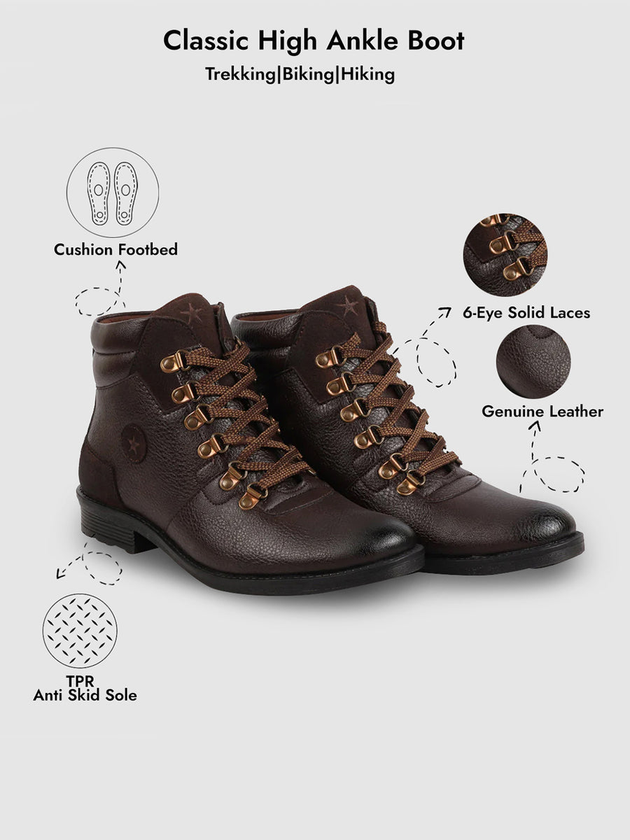 Men Brown Genuine Leather 6-Eye Metallic Lace Up Hook Classic High Ankle  Boot For Trekking|Biking|Hiking