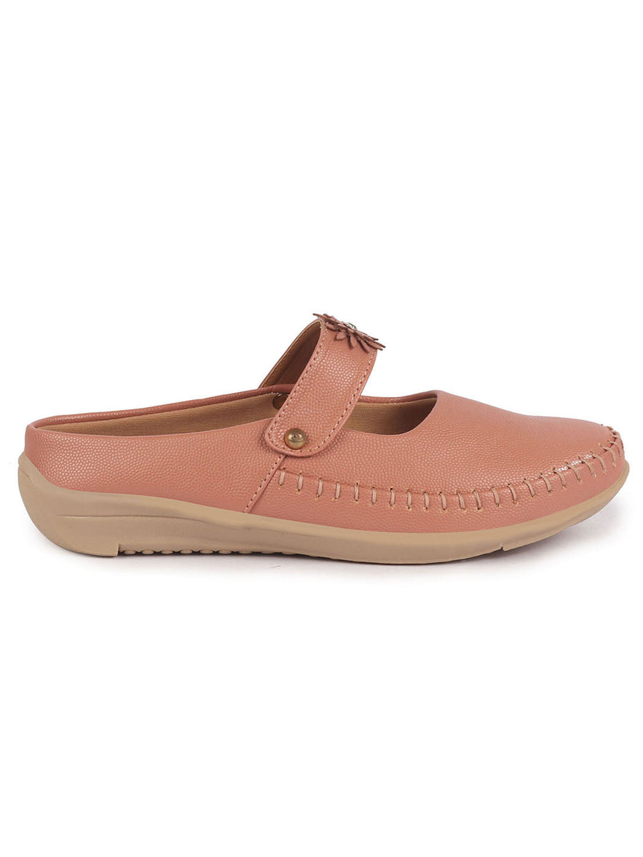 Women Peach Floral Strap Back Open Slip On Casual Shoes|Outing Weekend  Dress Shoes|All Day Comfort Shoe