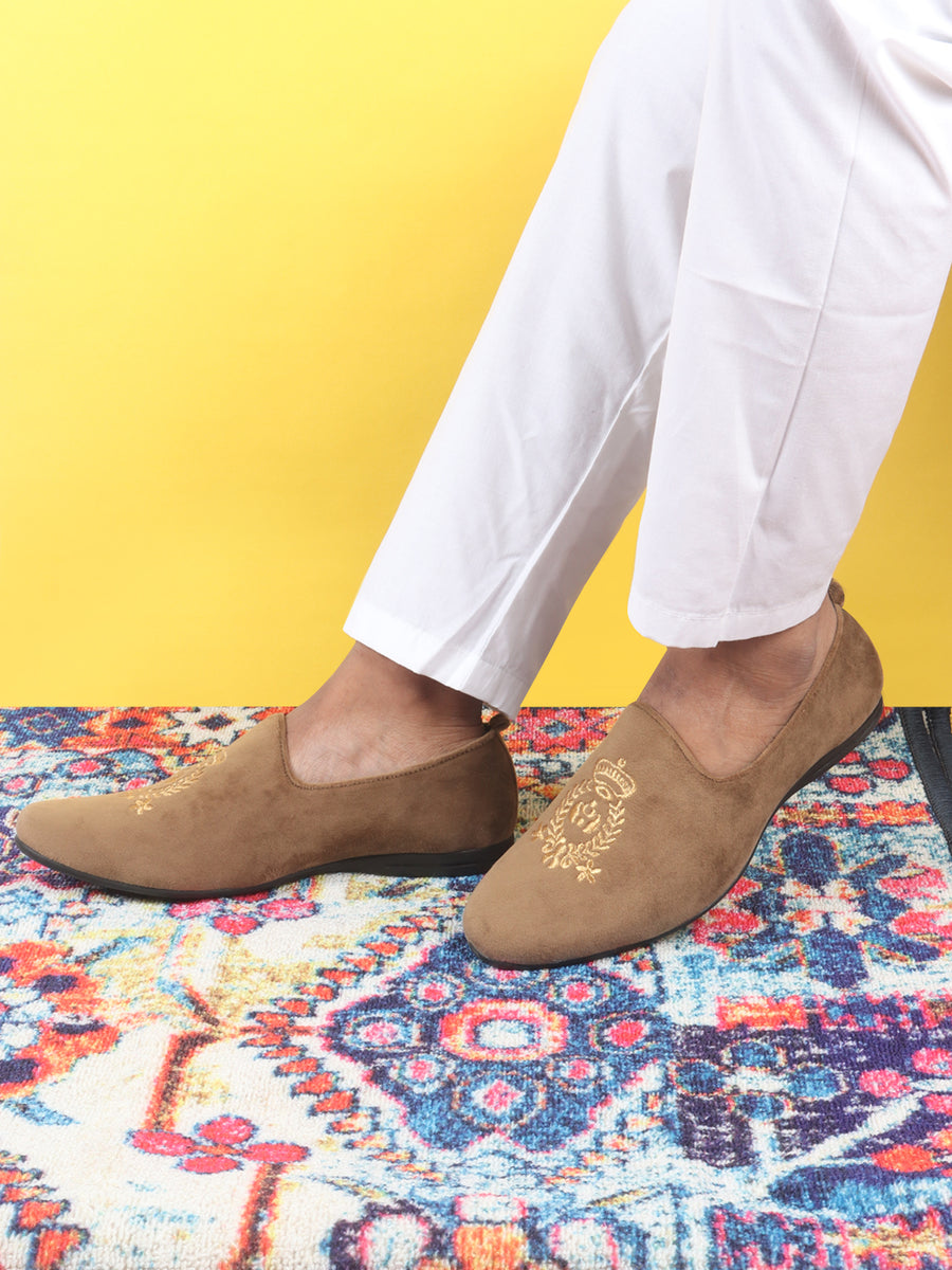 Buy Light Brown Velvet Party Wear Embroidered Loafer Fausto