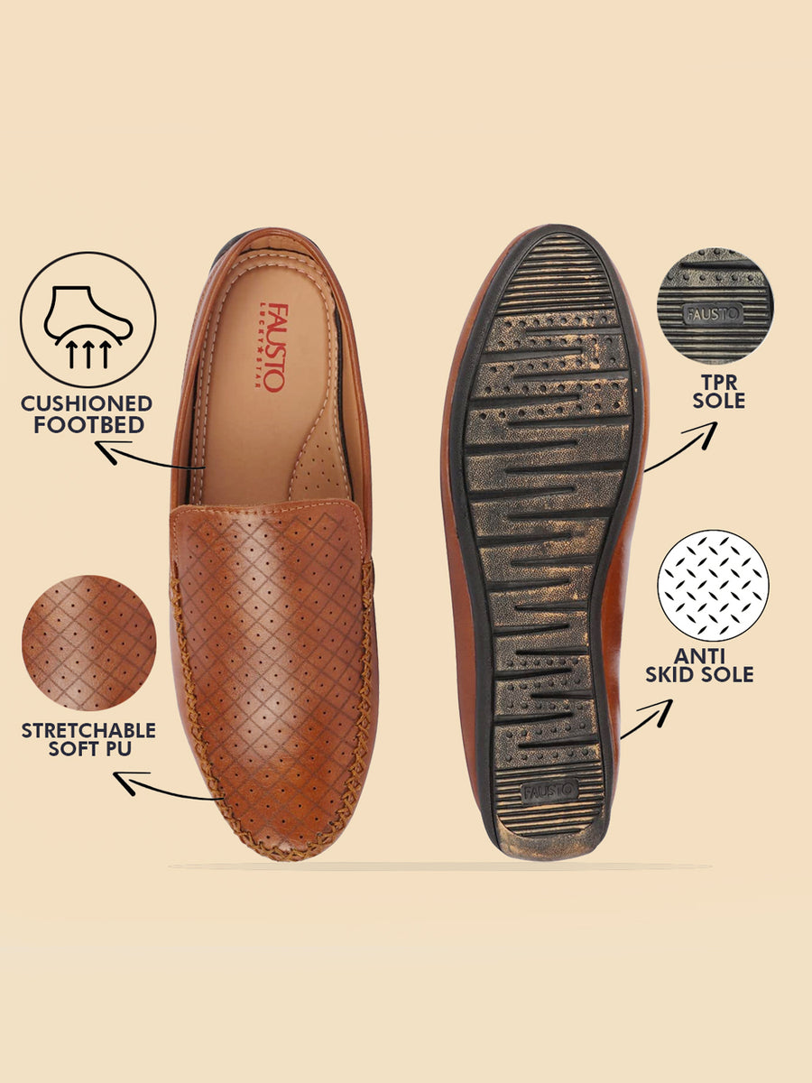 Buy Men Tan Block Pattern Back Open Slip On Loafer Shoes