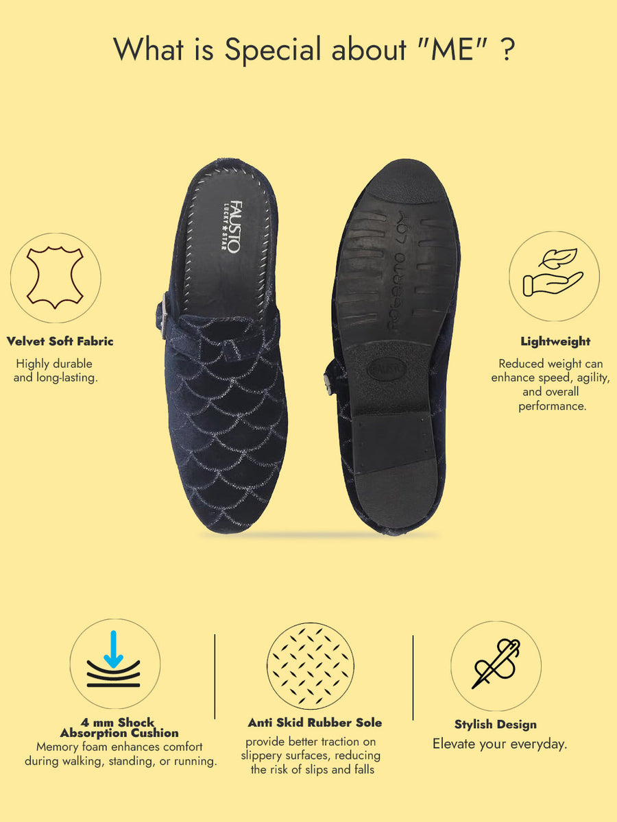 Buy Men Blue Back Open Velvet Ethnic Kurta Shoes Mojaris Online