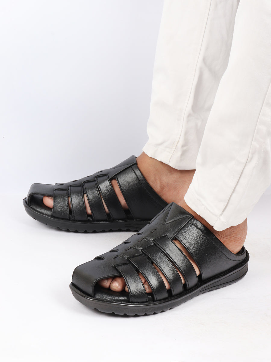 Buy Men's Black Leather Multi Strap Slip On Sandals Online