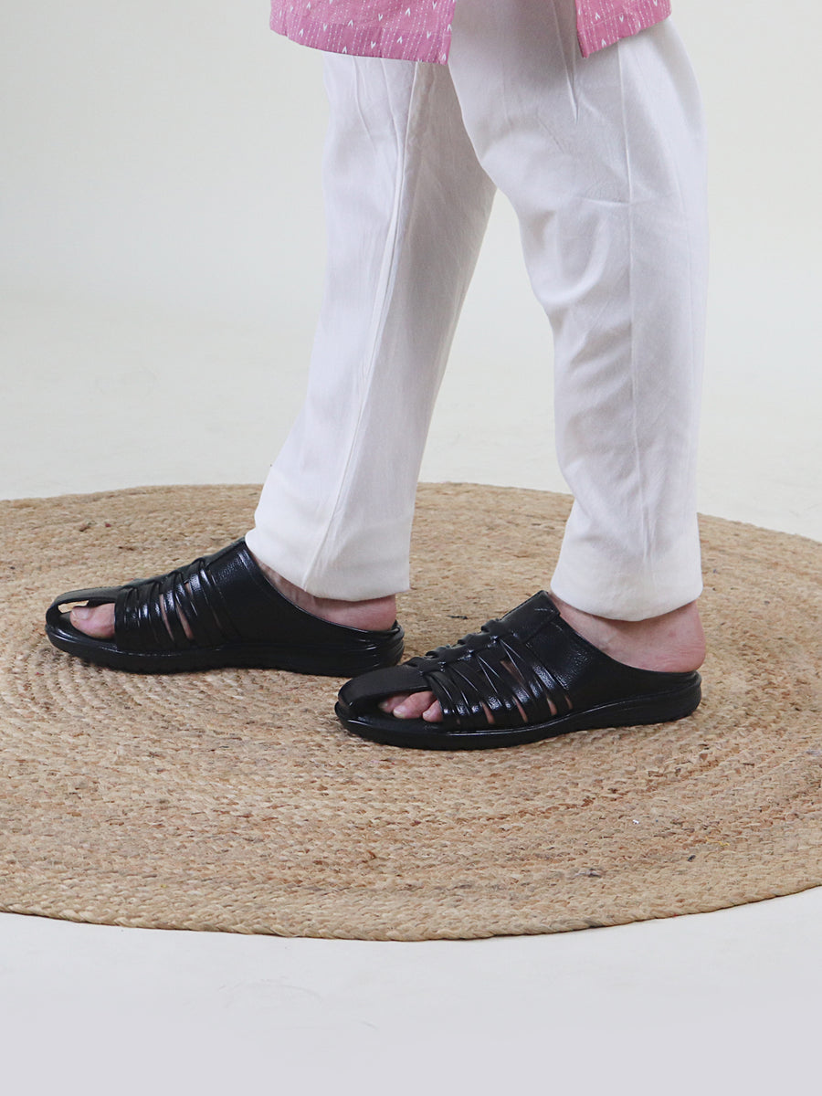 Buy Men Black Leather Criss Cross Back Open Slip On Sandal