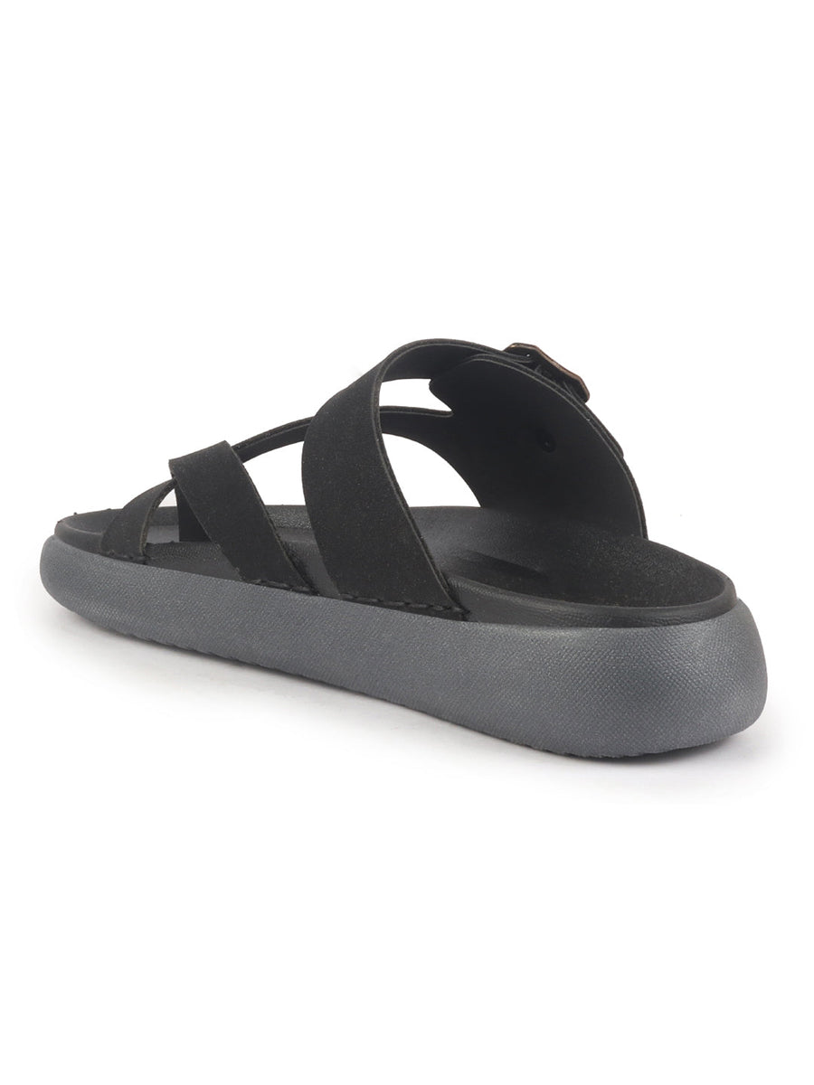Men Black Toe Ring Criss Cross Buckle Strap Side Stitched Waterproof Summer  Slip On Sandals|Comfort Sole|Lightweight Slippers for Rainy Monsoon Season
