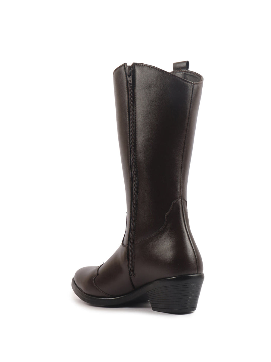 Women Brown Knee Length Side Zipper Closure Pointed Toe Flared Heel Long  Boots for Winter|Outdoor Boots