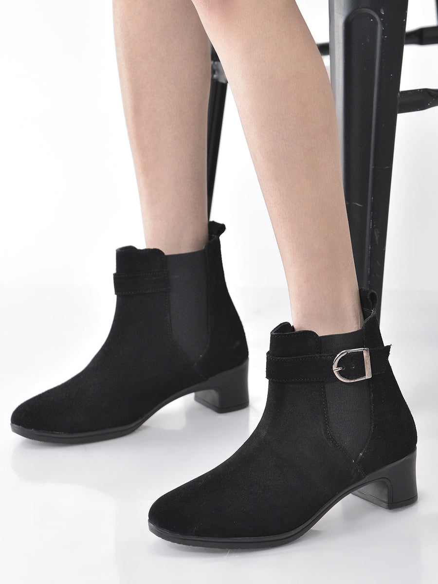 Women Black Flared Heel High Ankle Suede Leather Classic Winter Buckle Strap Chelsea Boots