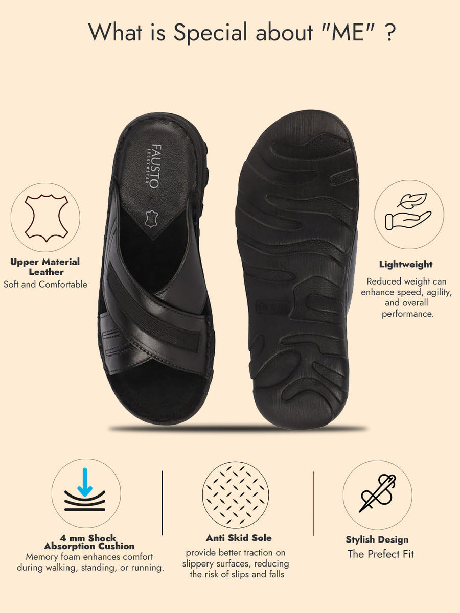 Men Black Genuine Leather Cross Strap Open Toe Suede Leather Insole Slippers