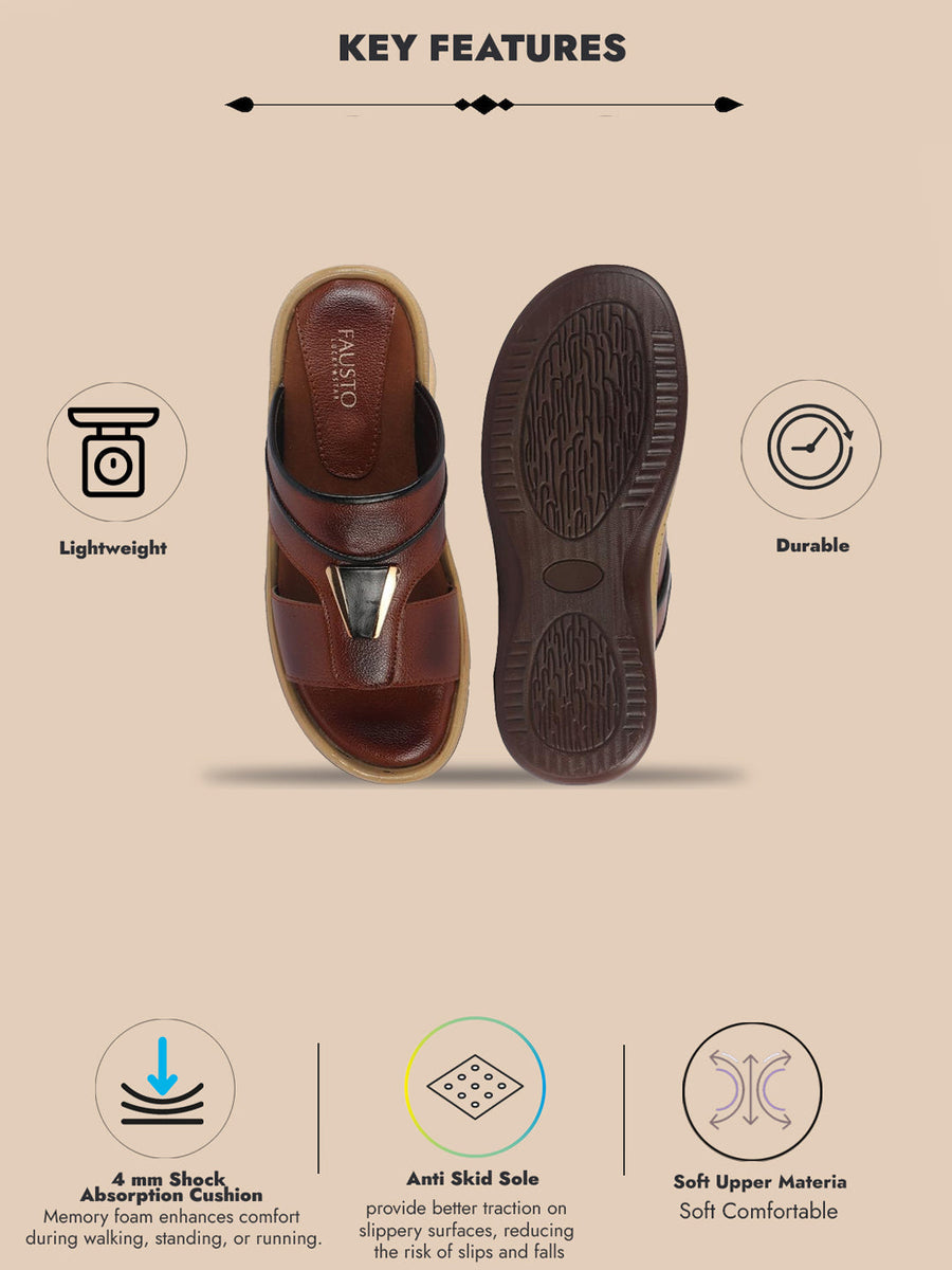 Men Tan Open Toe Broad Feet Lightweight Summer Slip On Slippers|Dress Sandals Slip On|Anti Skid Sole