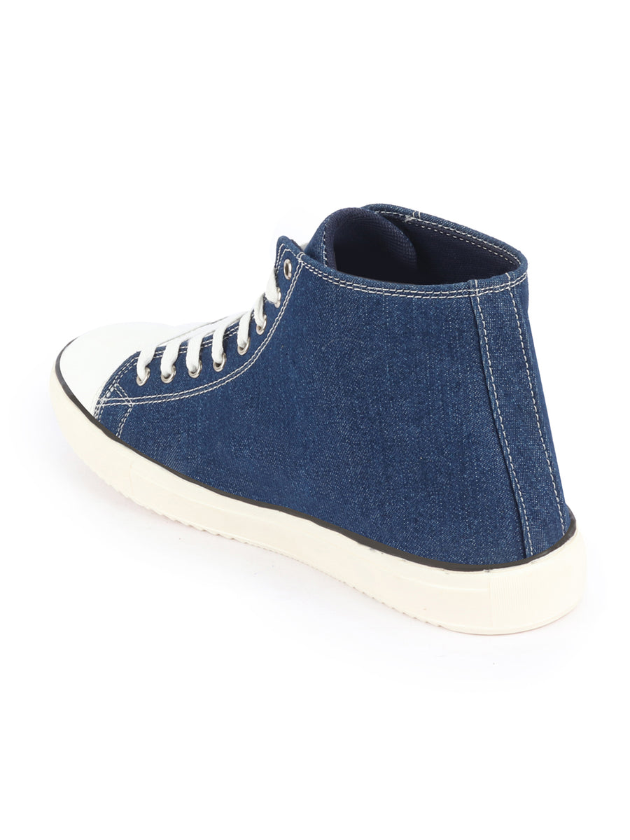 Men Navy Blue Mid Top Star Toe Cap Upper Denim 8-Eye Lace Up Canvas  Sneakers Shoes