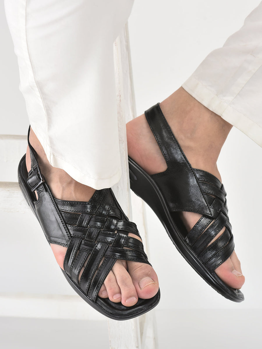 Shop Men Black Buckle Criss Cross Strap Leather Sandals Online