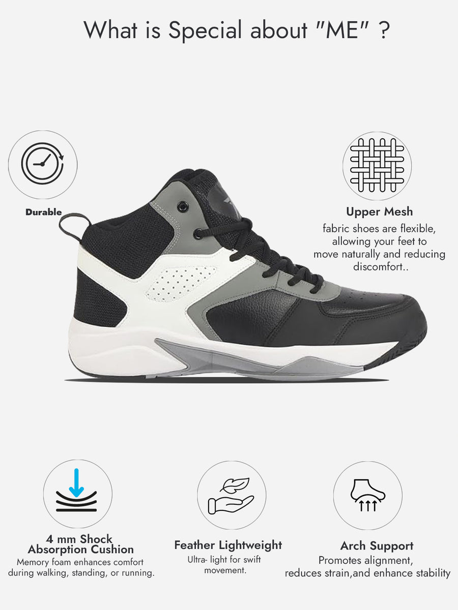 Men Grey High Top Colorblocked Chunky Classic Lace Up Sneakers|Breathable  Basketball Shoes with Memory Cushion|Anti Skid Comfort Grip Sole