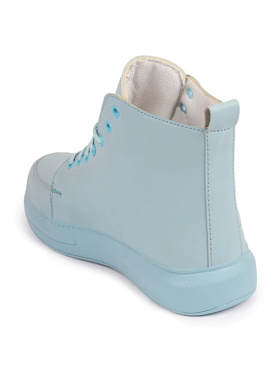 Women Sky Blue High Ankle Top Wedge Heels Stitched Design Lace Up Sneakers  Shoes