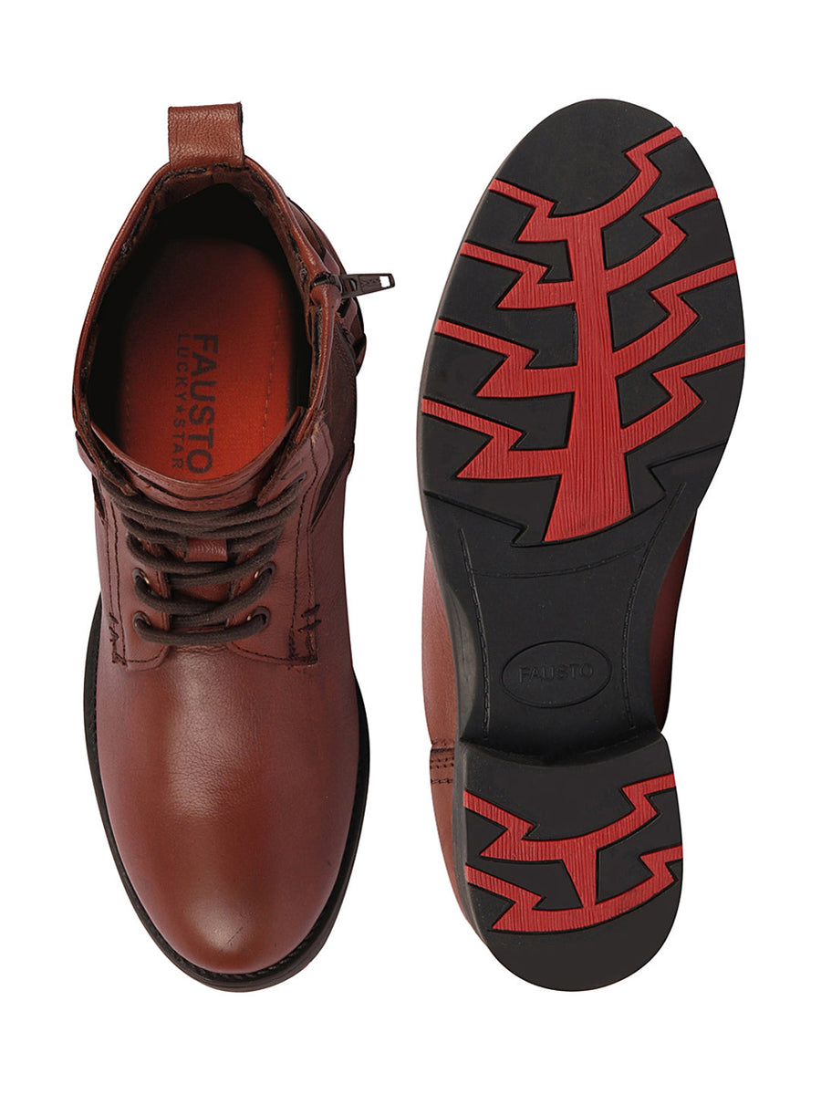 Men Tan High Ankle Genuine Leather Side Zipper 7-Eye Lace Up Classic Hiking  Flat Boots