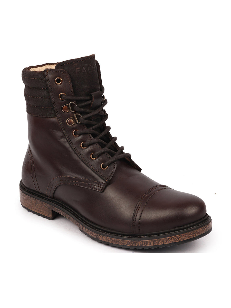 Men Brown High Ankle Genuine Leather 8 Eye Lace Up Cap Toe Welted Sole Winter Biker Boots