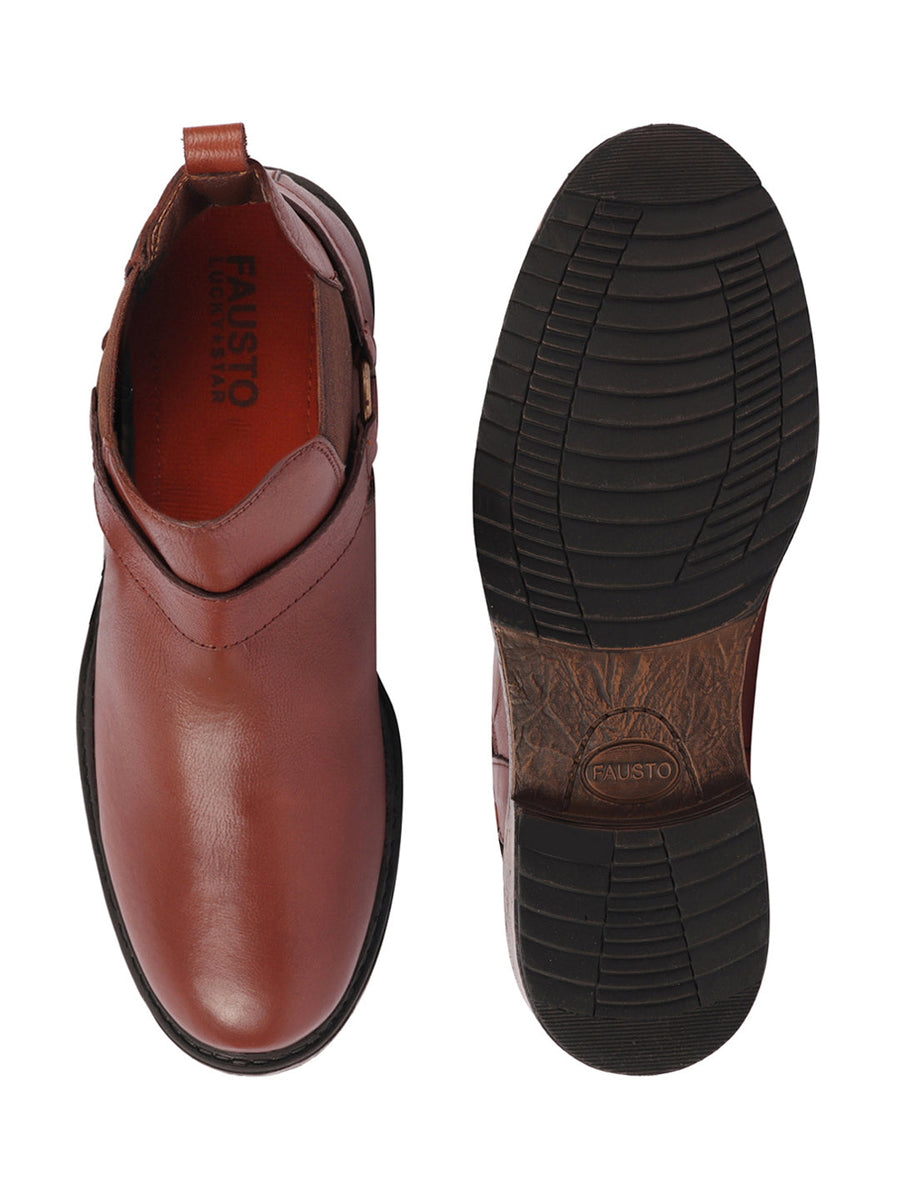 Men Tan High Ankle Genuine Leather Side Ring Buckle Design Slip On Chelsea  Work Boots