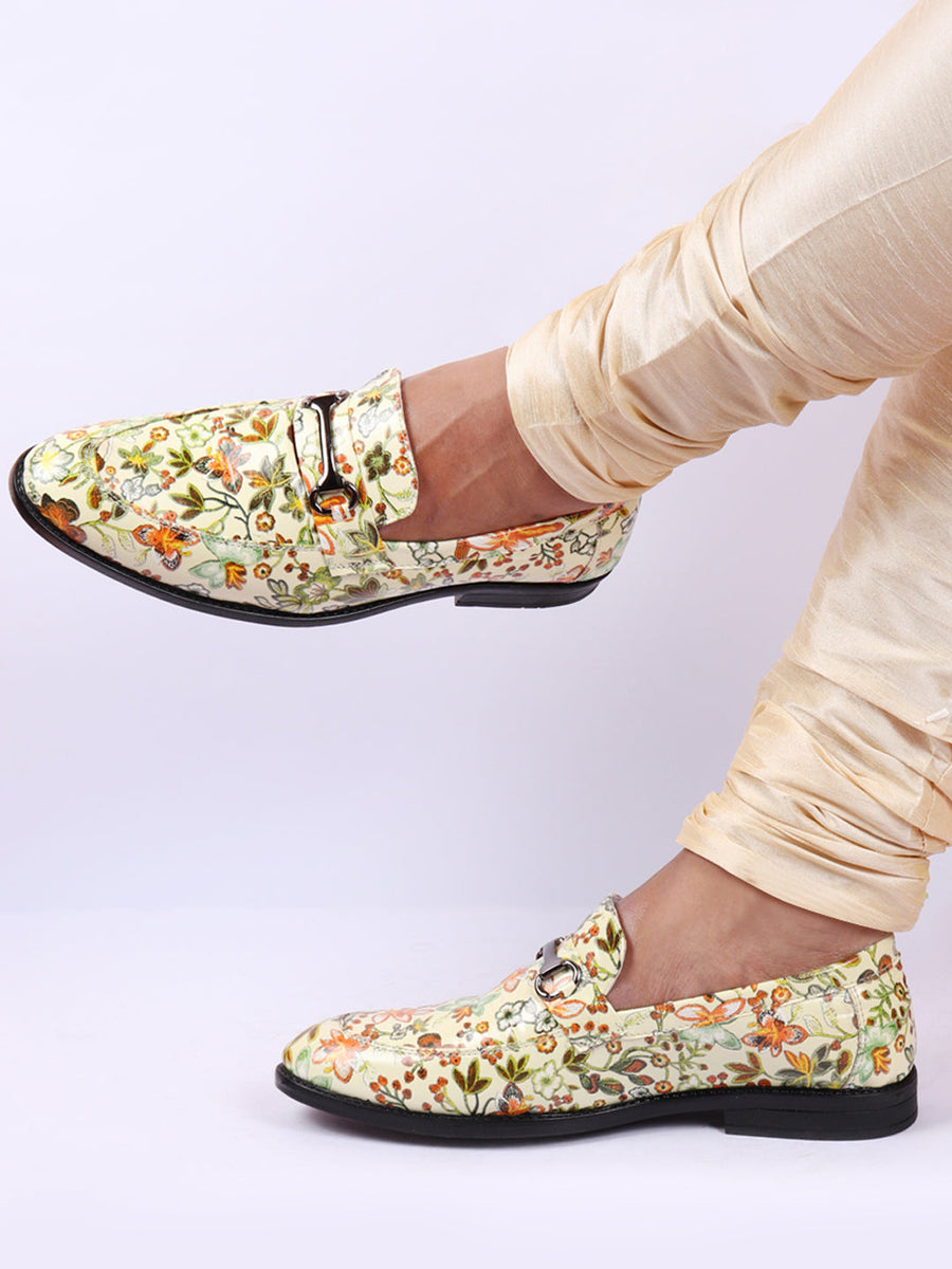 Shop Men Olive Floral Print Horsebit Buckle Weekend Wedding Evening Party Shoes Loafers Online
