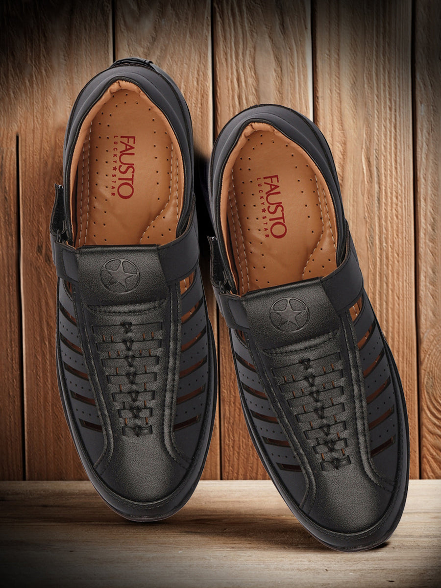 Shop Men Black Laser Cut and Stitched Design Roman Sandal with Buckle Strap Online
