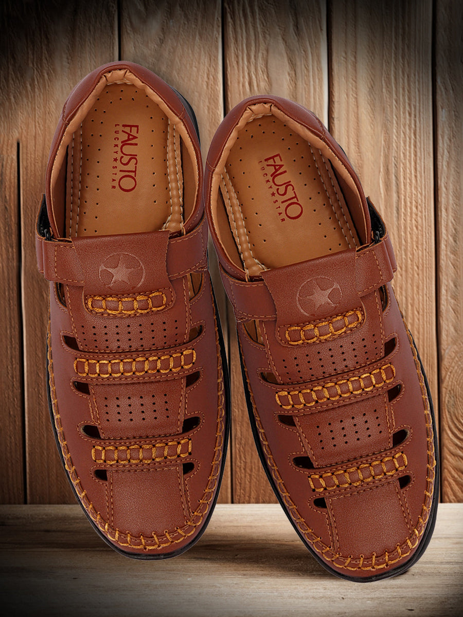 Shop Men Tan Laser Cut Stitched Roman S&al with Buckle Strap