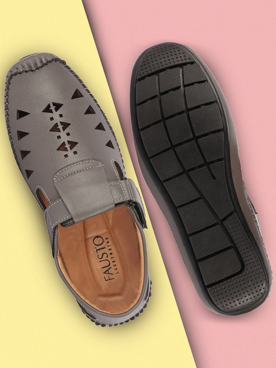 Buy Men Grey Side Stitched Hook & Loop Driving Roman Sandals