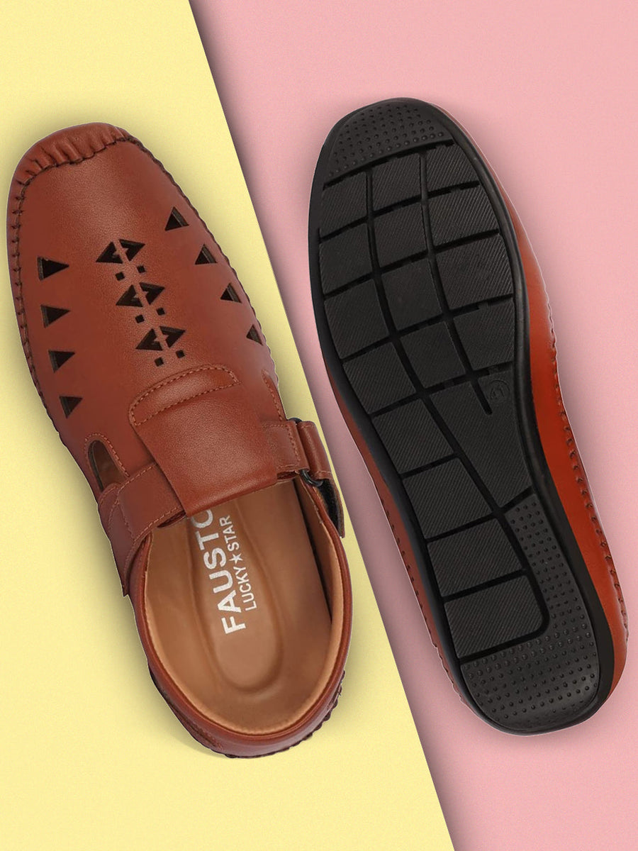 Shop Men Tan Laser Cut Design Side Stitched Hook Loop Driving Roman Sandals Online