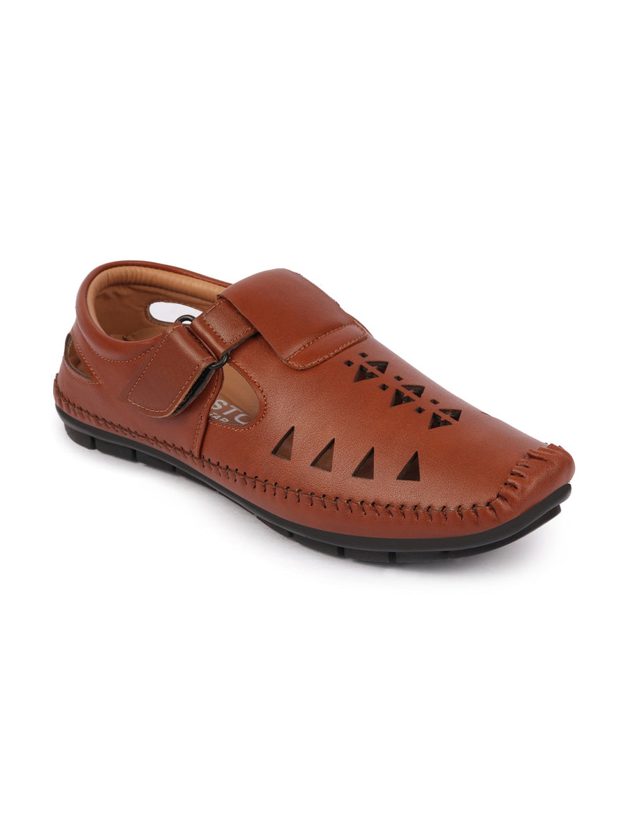 Buy Men Tan Side Stitched Hook Loop Driving Roman Sandals