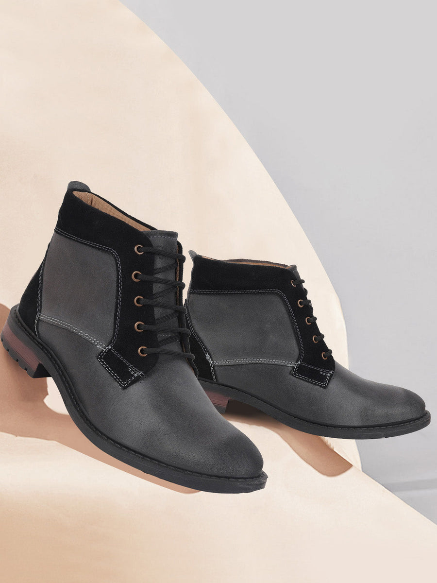Shop Men Black High Ankle Lace Up Leather Boots Online