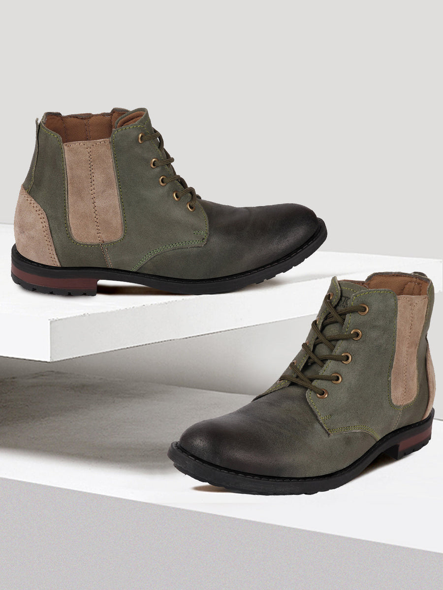 Shop Men Olive Outdoor Leather Lace Up Chelsea Boots Online
