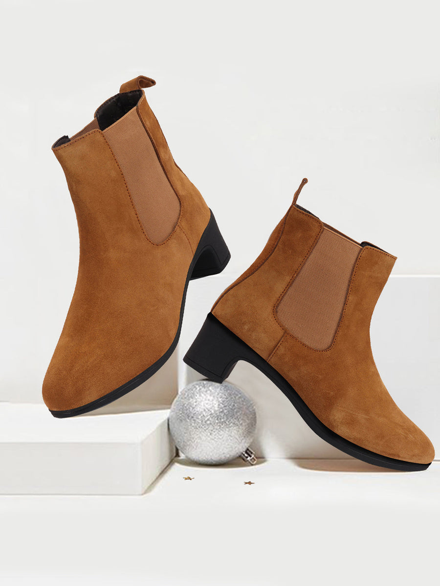 Shop Women Camel Flared Heel High Ankle Suede Leather Classic Winter Chelsea Boots Online