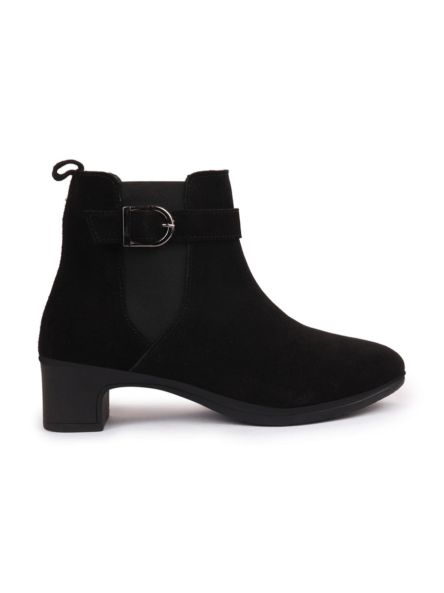 Women Black Flared Heel High Ankle Suede Leather Classic Winter Buckle  Strap Chelsea Boots