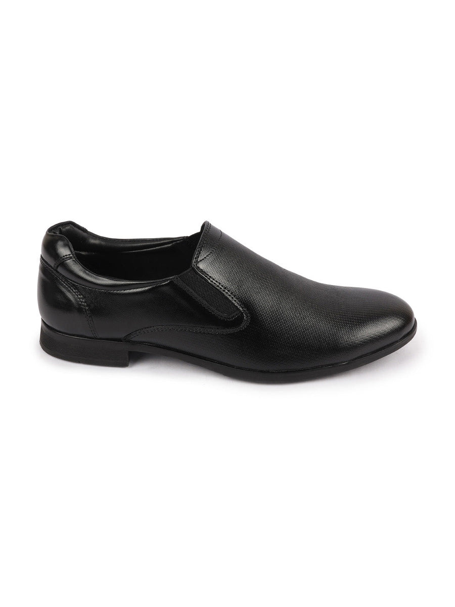 Men Black Formal Office Textured Design Side Stitched Genuine Leather Slip  On Shoes