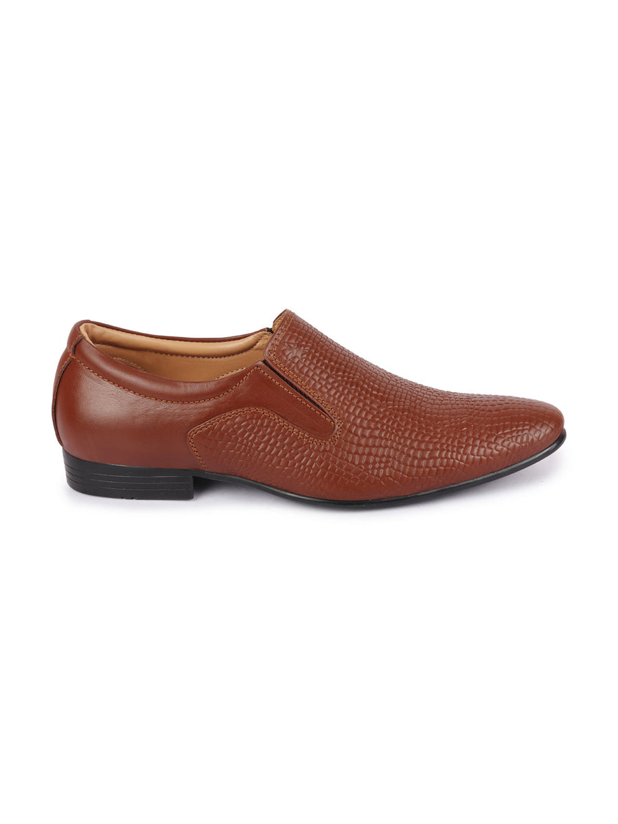Shop Men Tan Embossed Design Formal Leather Slip On Shoes Online