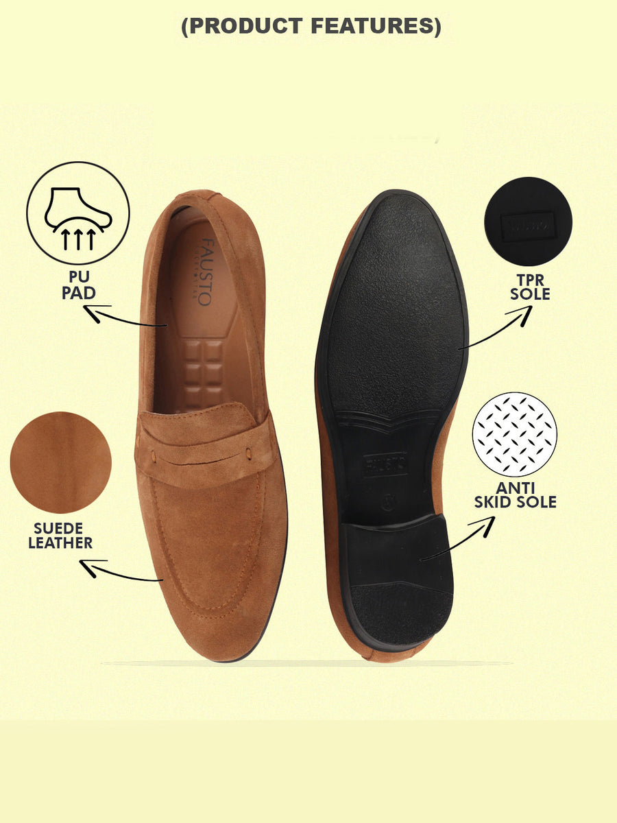 Men Tan Suede Leather Penny Loafer Shoes - Main Image