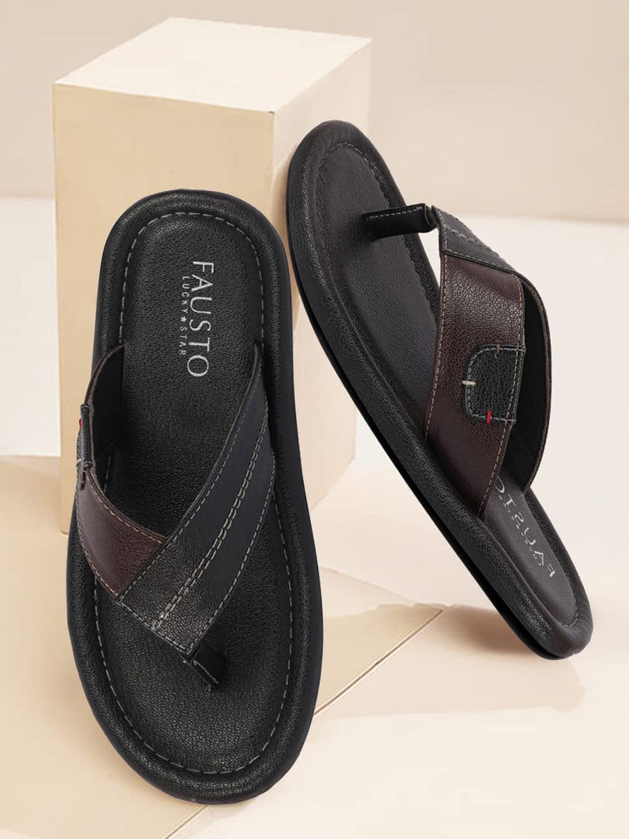 Shop Men Black Stitched Design Indoor Outdoor Thong Slipper