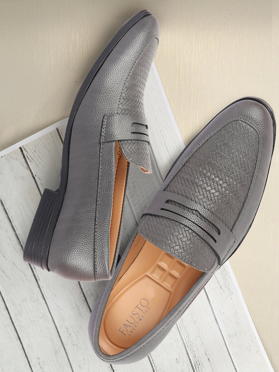 Men Grey Textured Print All Day Comfort Formal Party Penny Loafer Slip