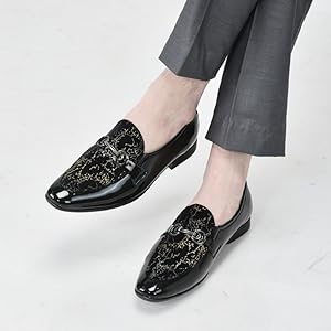 Men Black Velvet Patent Leather Horsebit Buckle Ethnic Slip On Shoes|Party Shoe|Office Shoe|Anti Skid Sole