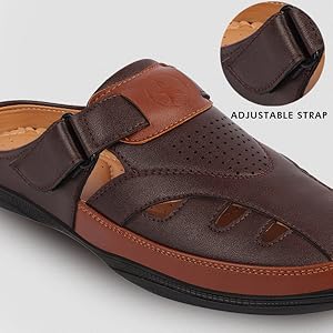 Men Brown Back Open Laser Cut Design Slip On Sandal with Ankle Strap