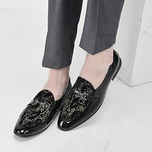 Men Black Velvet Patent Leather Horsebit Buckle Ethnic Slip On Shoes|Party Shoe|Office Shoe|Anti Skid Sole