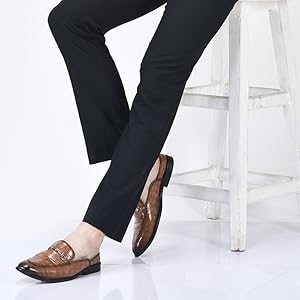 Men Blue Embossed Leopard Print Design with Horsebit Buckle Ethnic Party Back Open Slip On Mules Shoes