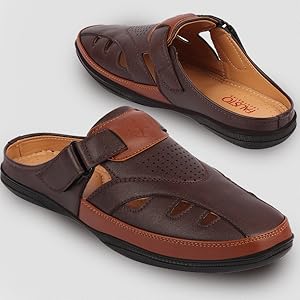 Men Brown Back Open Laser Cut Design Slip On Sandal with Ankle Strap