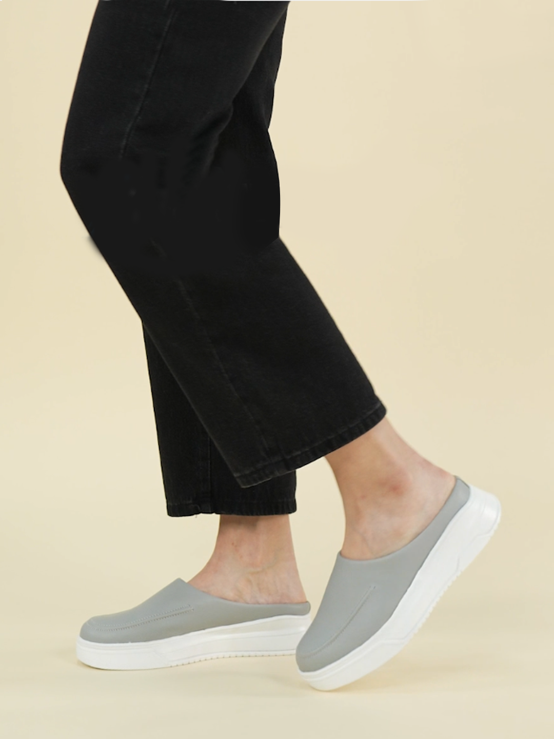 Shop Women Grey Outdoor Fashion Stitched Design Open Back Platform Heel Slip On Casual Shoes Online.