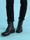 Men Black High Top Genuine Leather Hook and 7-Eye Lace Up Side Zipper Cap Toe Classic Flat Boots
