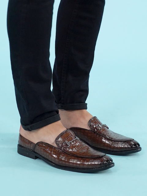 Shop Men Brown Embossed Leopard Print Design with Horsebit Buckle Ethnic Party Back Open Slip On Mules Shoes Online.