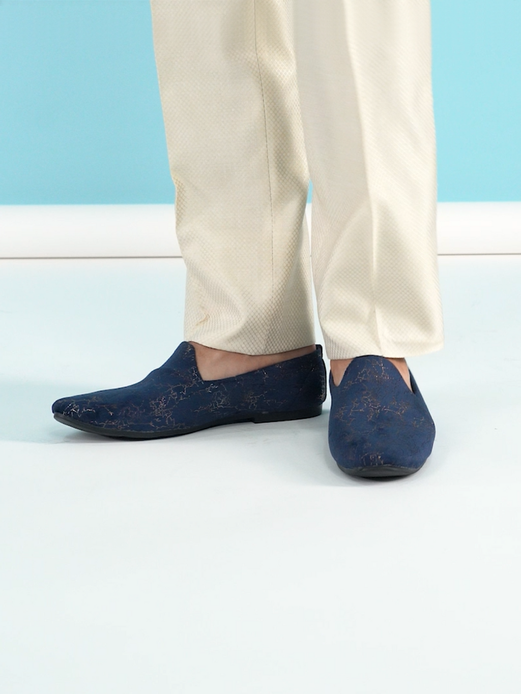 Shop Men Navy Blue Velvet Printed Design Ethnic Wedding Party Prom Slip On Loafer Shoes Online.