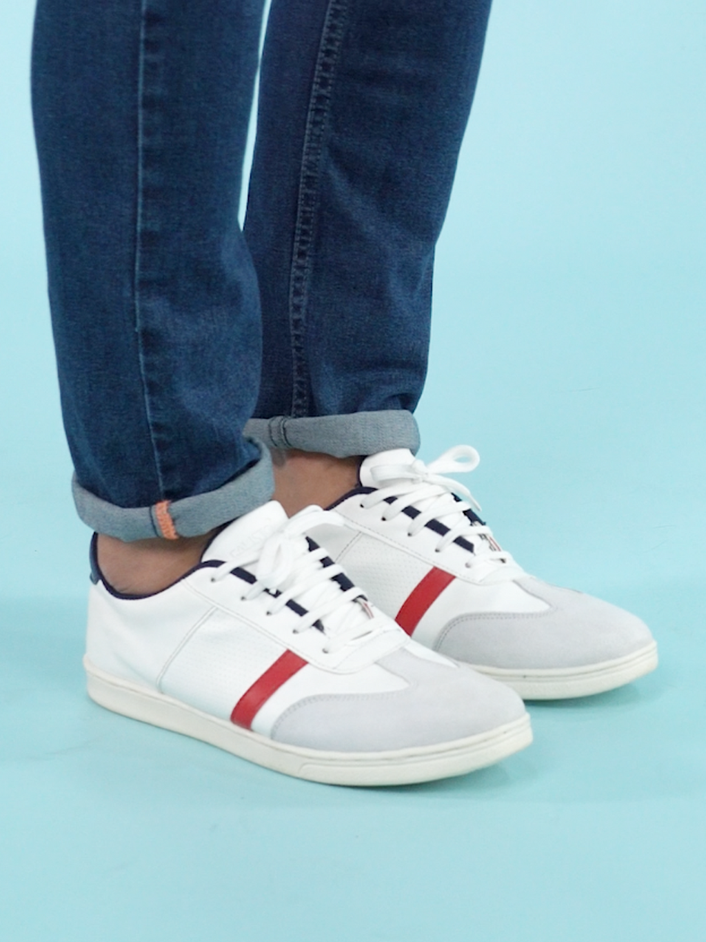 Shop Men White Embellished Strip Breathable Upper PU Suede Leather Lace Up Sneakers Shoes Online.