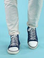 Shop Men Navy Blue Mid Top Star Toe Cap Upper Denim 8-Eye Lace Up Canvas Sneakers Shoes Online.
