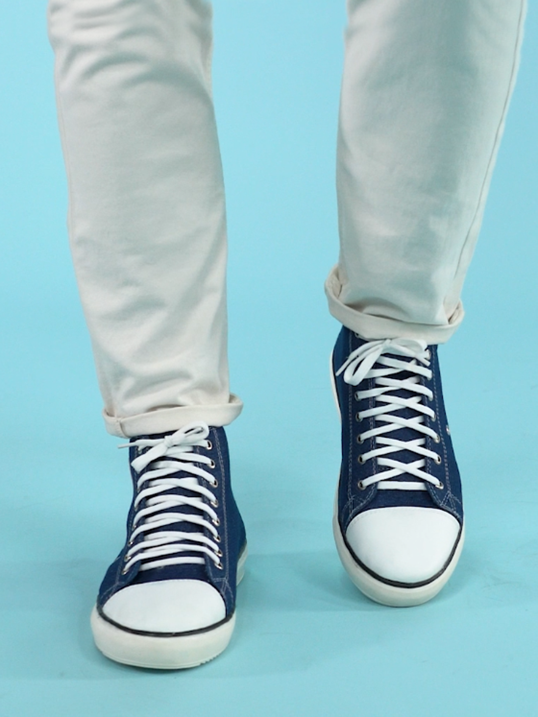 Shop Men Navy Blue Mid Top Star Toe Cap Upper Denim 8-Eye Lace Up Canvas Sneakers Shoes Online.