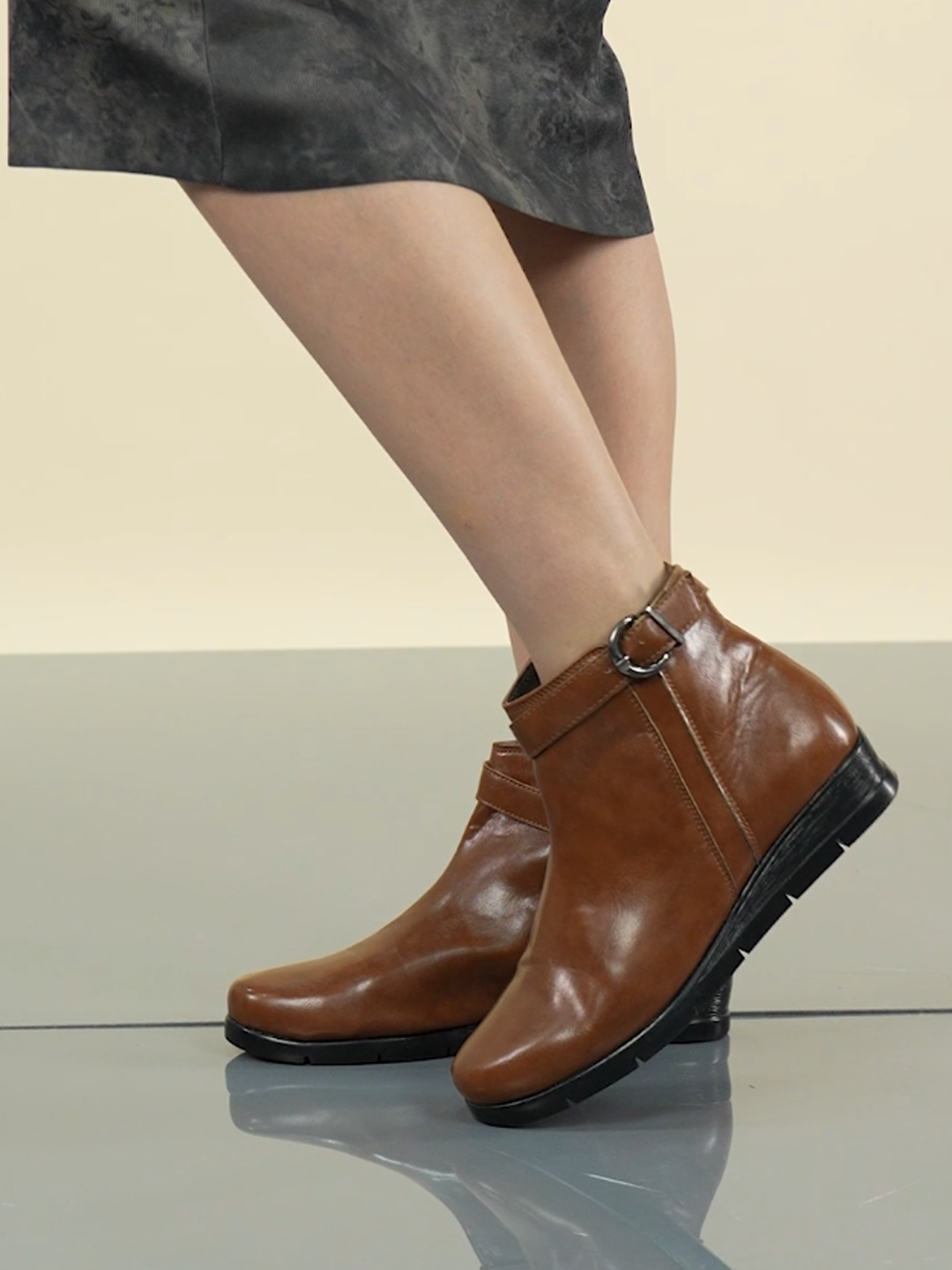 Shop Women Tan High Ankle Broad Feet Side Zipper Closure Casual Buckle Boots Online.