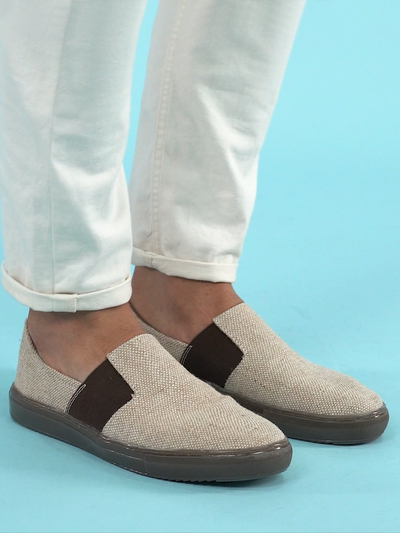 Men Beige Colorblocked Classic Jute/Fabric Slip On Canvas Sneaker Slip On Casual Shoes
